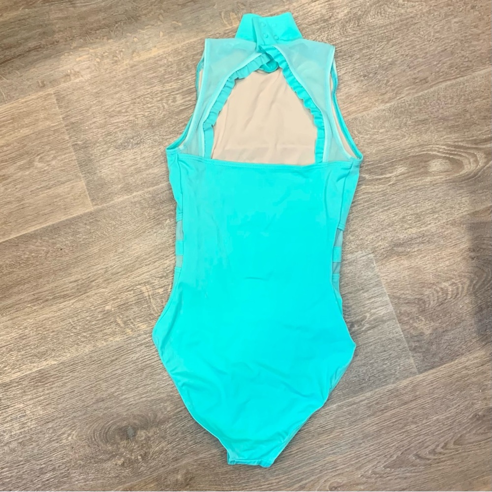 🩰 Balera Mock Neck Ruffle Detail Mesh Insert Leotard For Dance X Small Aqua 🩰 - Picture 6 of 11